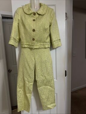 Cynthia Steffe Light Lime Brocade Cropped Jacket & Ankle Pants Set